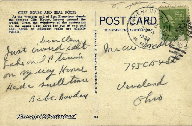Cliff House 1939 Postcard Back